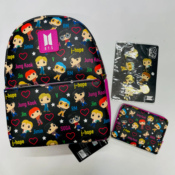 BTS Band with Hearts All Over Print Mini-Backpack, Wallet & pin set