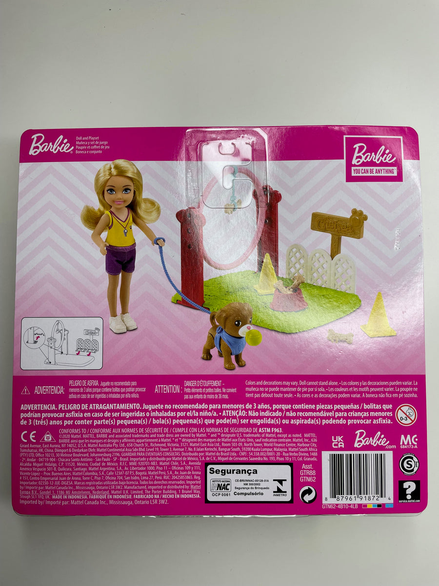 Barbie Chelsea Can Be Dog Trainer Playset with Blonde Chelsea Doll 6-in, Dog ＆ Leash, Jumping Hoop, Obstacle Cones, Training Treats ＆ More, Great Gi Barbie Chelsea Can Be Dog Trainer Playset \u2013 Yummy Boutique