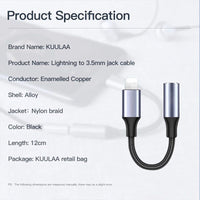 KUULAA Lightning To 3.5mm Jack Audio Cable Adapter for IPhone 11 Pro Max XS XR X Earphone Aux Headphone Converter Accessories